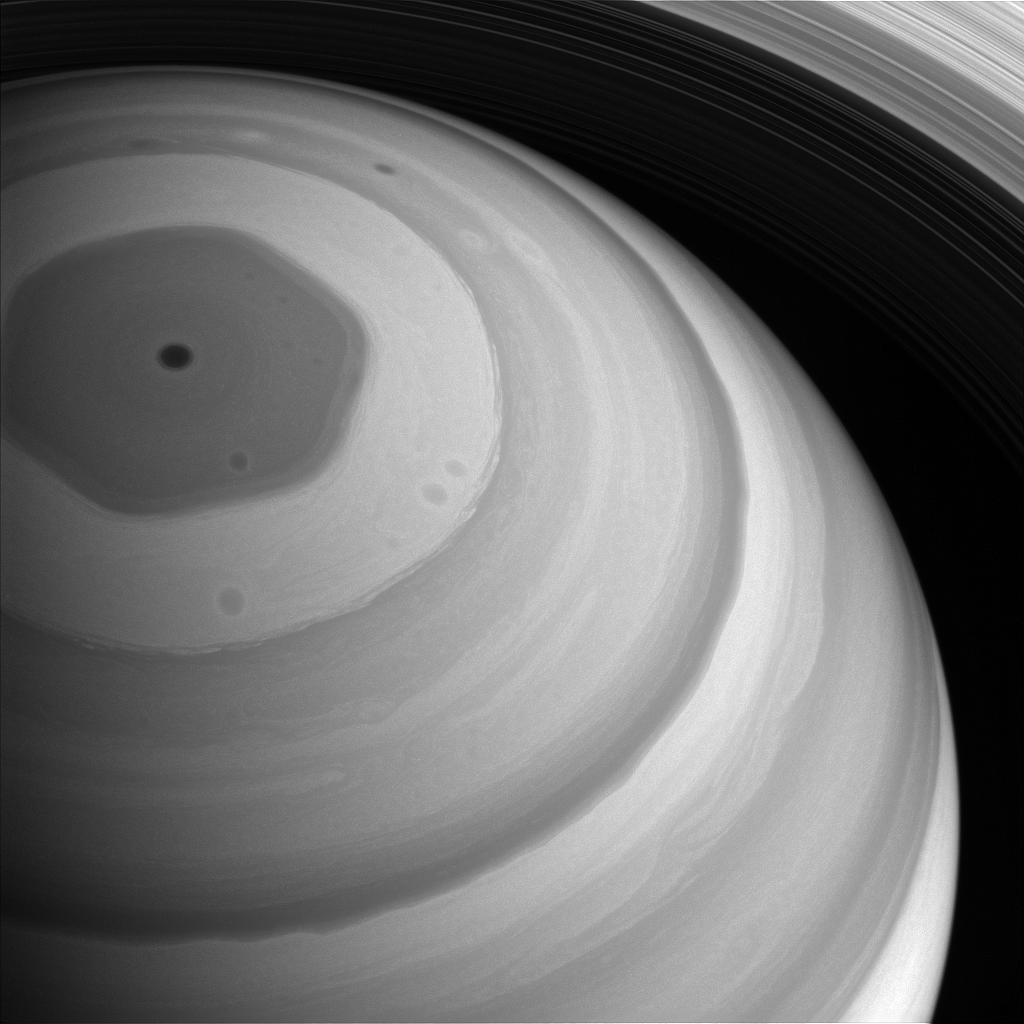 NASA image of Saturn's north pole hexagon storm — the 3D cube in the sky